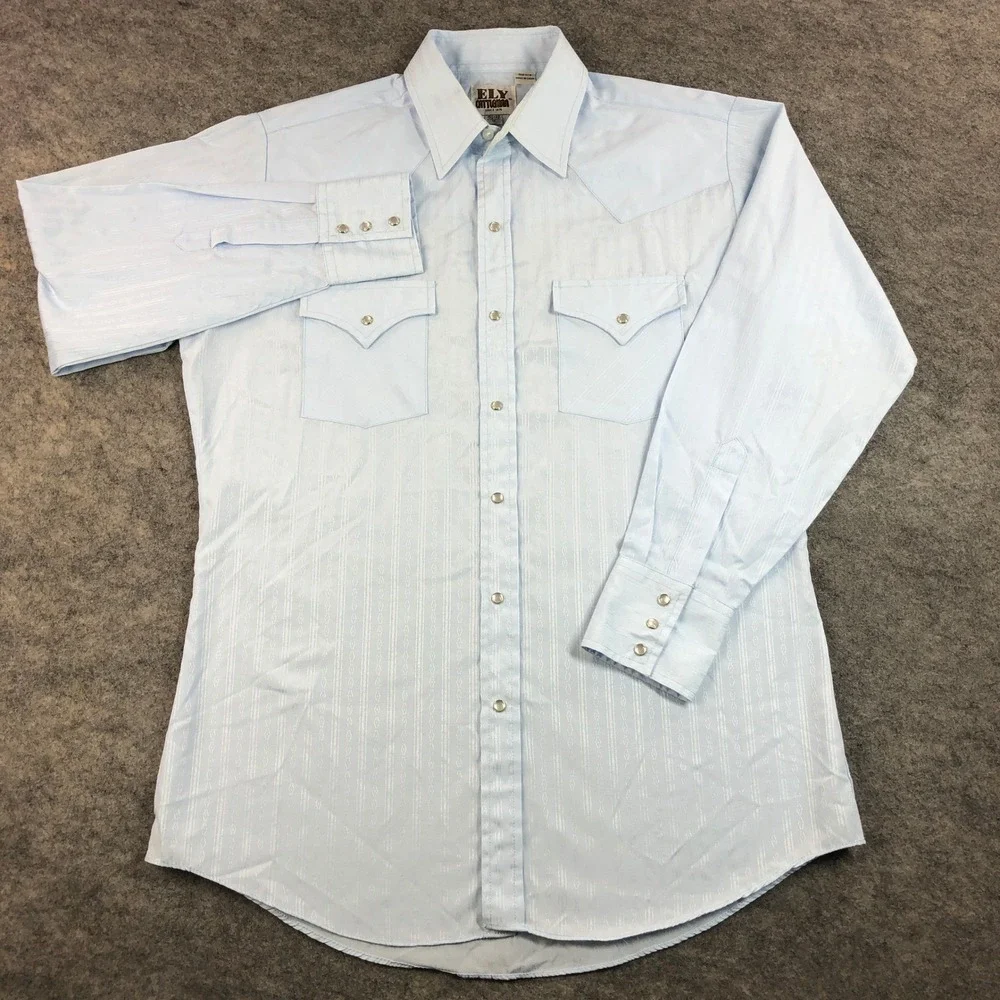 Ely Cattleman Mens M Blue Textured Cotton Western Snap Long Sleeve Shirt - Picture 2 of 13